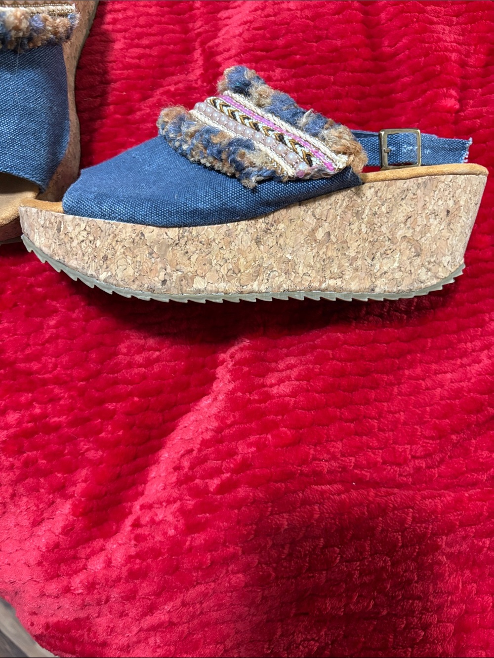 Muk Luks Blue Denim Embellished Wedge Sandals - Picture 2 of 7